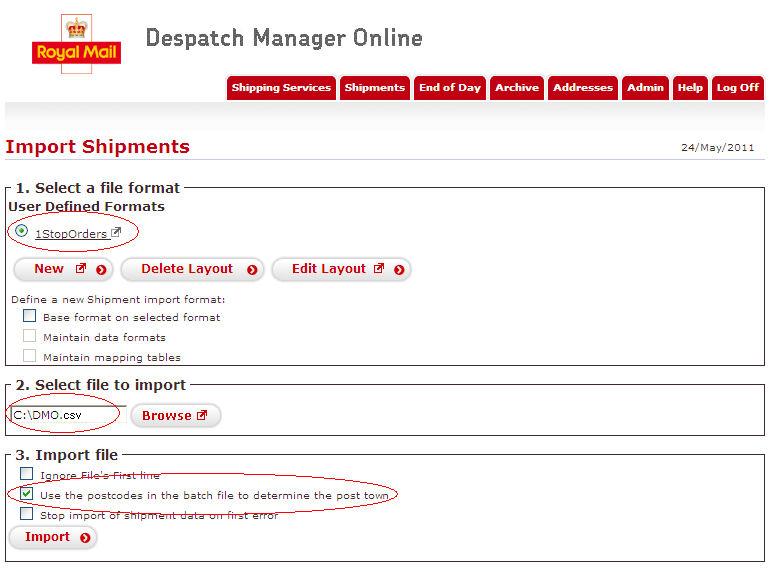 Configuring Royal Mail Despatch Manager Online (DMO) fields to import