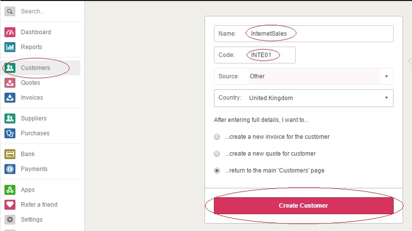 Creating customer account in Kashflow